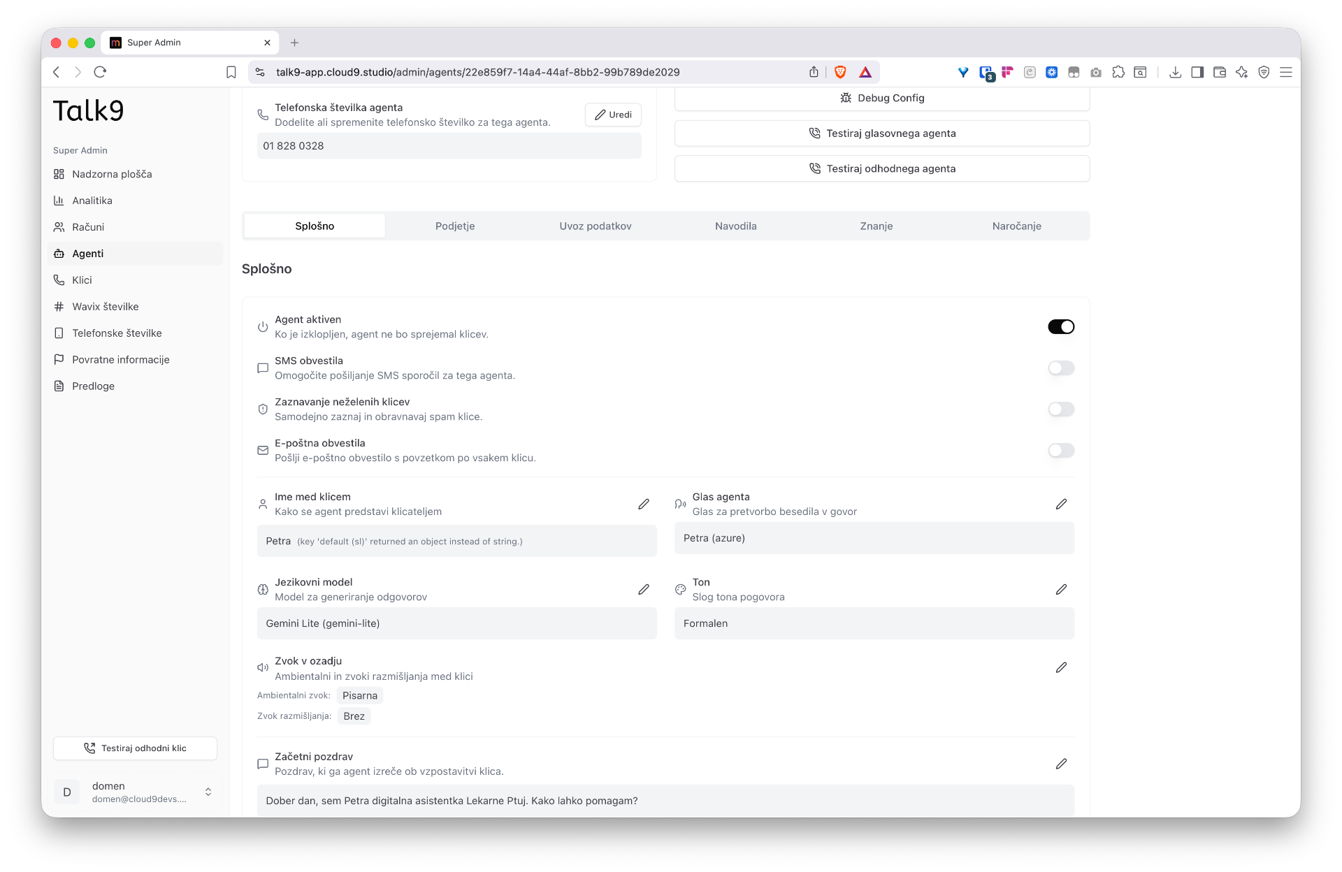 Talk9 admin — konfiguracija agenta, glas, jezikovni model in zvoki v ozadju